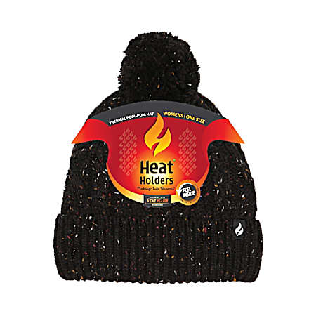 Women's Black Britta Cable Roll-Up Pom Hat