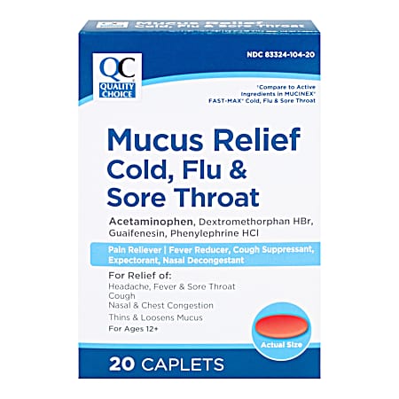 20 ct Mucus Relief Cold Flu & Sore Throat Caplets