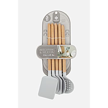 5 Pc Beechwood/Silicone Utensil Set - Glacier Gray