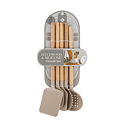 5 Pc Beechwood/Silicone Utensil Set - Doeskin