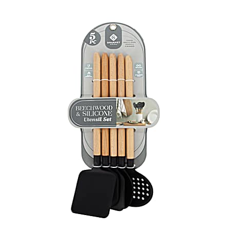 5 Pc Beechwood/Silicone Utensil Set - Black Beauty