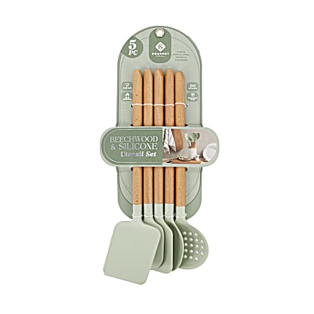 5 Pc Beechwood/Silicone Utensil Set - Fog Green