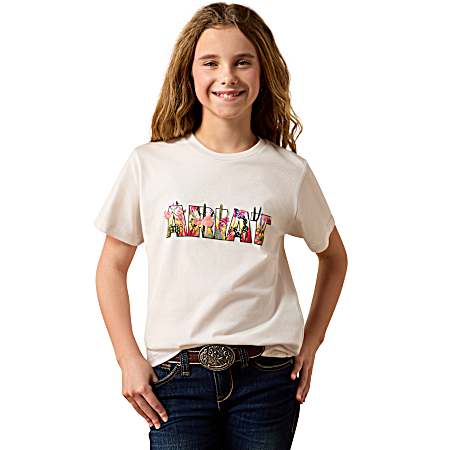 Girls White Floral Fill Short Sleeve Shirt