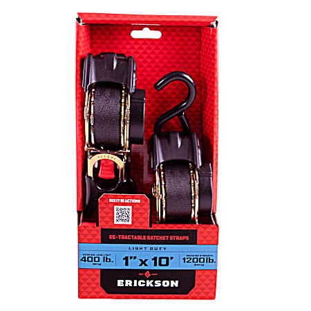 10 ft Black Re-Tractable Ratchet Tie-Down Straps - 2 Pk