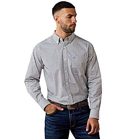Men's White Perez Geometric Button Front Long Sleeve Shirt